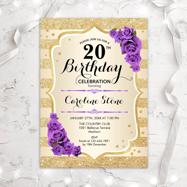 20th Birthday - Gold Stripes Purple Roses Invitation (Creator Uploaded)
