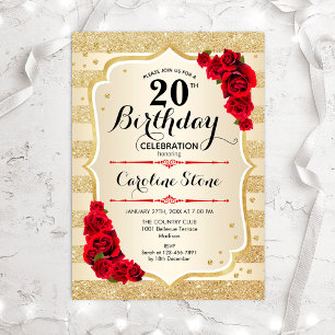 20th Birthday - Gold Stripes Roses Invitation