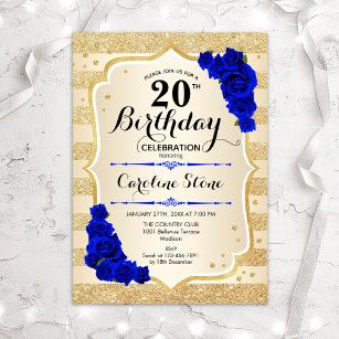 20th Birthday - Gold Stripes Royal Blue Roses Invitation