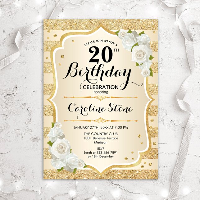 20th Birthday - Gold Stripes White Roses Invitation (Creator Uploaded)