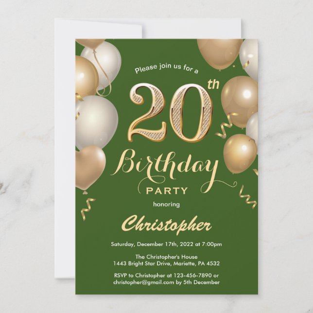 20th Birthday Green and Gold Balloons Confetti Invitation (Front)