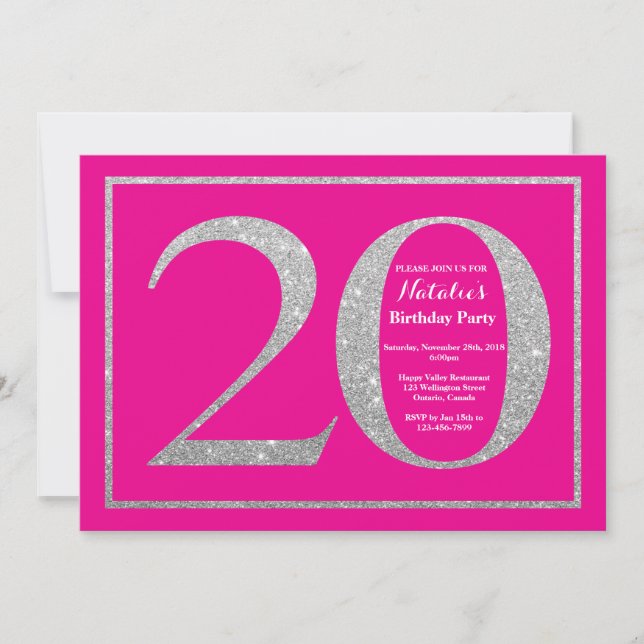 20th Birthday Hot Pink and Silver Glitter Invitation (Front)