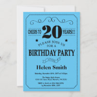 20th Birthday Invitation Black and Blue