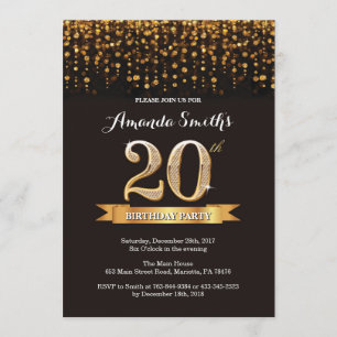 20th Birthday Invitation Black and Gold Glitter