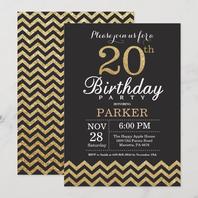 20th Birthday Invitation Black and Gold Glitter (Front/Back)