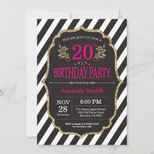 20th Birthday Invitation. Black and Gold Glitter Invitation