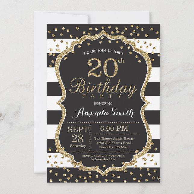 20th Birthday Invitation. Black and Gold Glitter Invitation (Front)