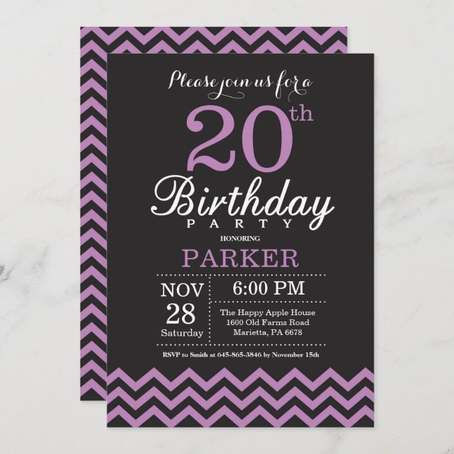 20th Birthday Invitation Black and Purple (Front/Back)