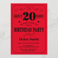 20th Birthday Invitation Black and Red