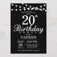 20th Birthday Invitation Black and White