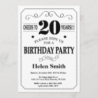 20th Birthday Invitation Black and White