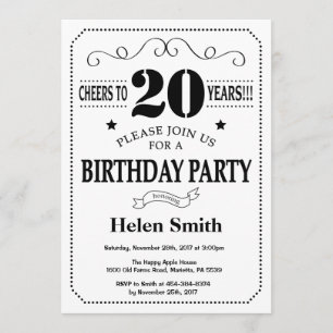 20th Birthday Invitation Black and White