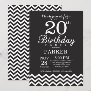 20th Birthday Invitation Black and White Chevron