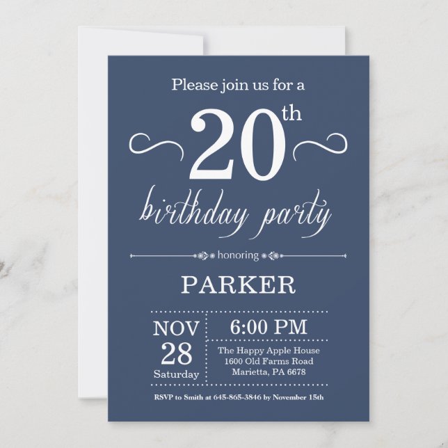 20th Birthday Invitation Blue (Front)