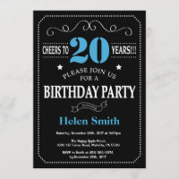 20th Birthday Invitation Blue and Black Chalkboard