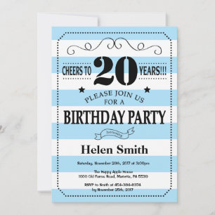 20th Birthday Invitation Blue and White Stripes