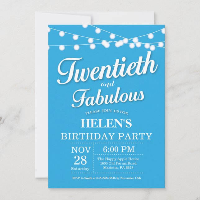 20th Birthday Invitation Blue Fabulous (Front)