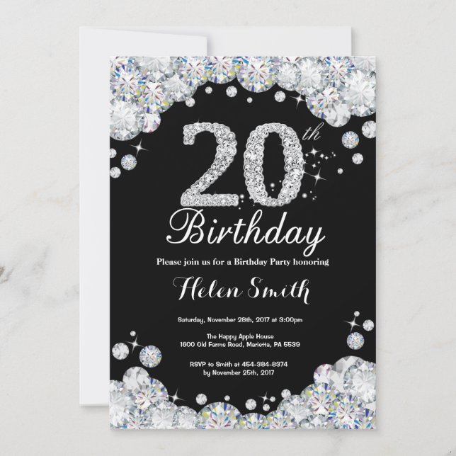 20th Birthday Invitation Chalkboard Silver Diamond (Front)