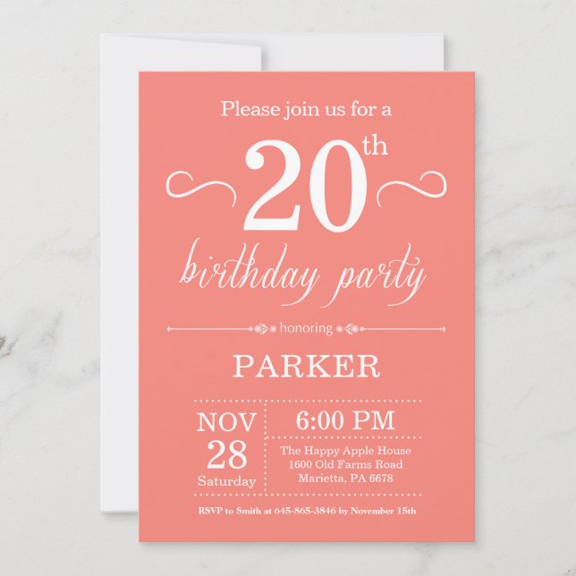 20th Birthday Invitation Coral (Front)