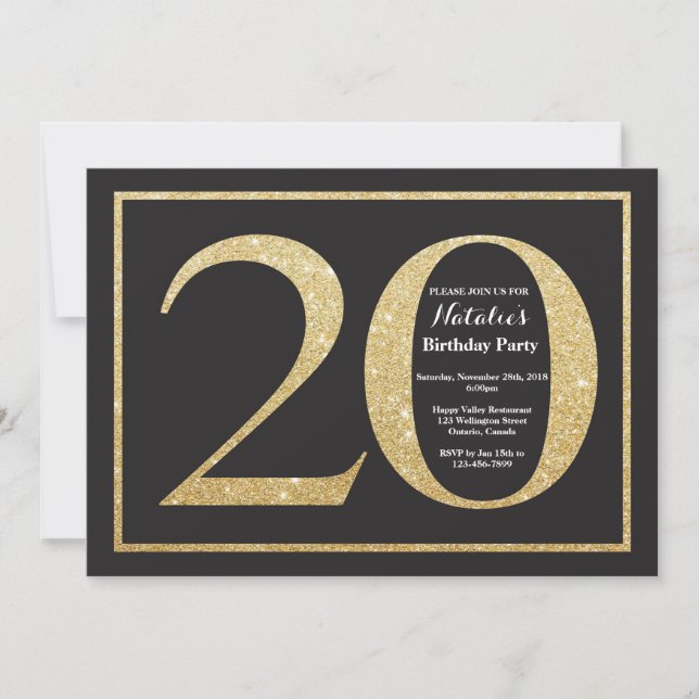 20th Birthday Invitation Gold Glitter Chalkboard (Front)