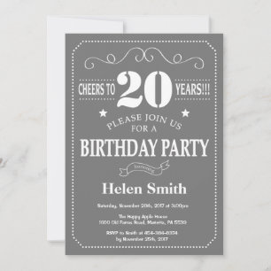 20th Birthday Invitation Grey and White