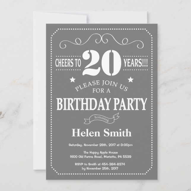 20th Birthday Invitation Grey and White (Front)