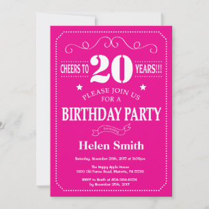 20th Birthday Invitation Hot Pink and White