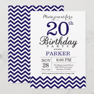 20th Birthday Invitation Navy Blue Chevron