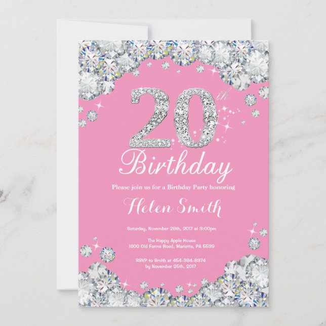 20th Birthday Invitation Pink and Silver Diamond (Front)
