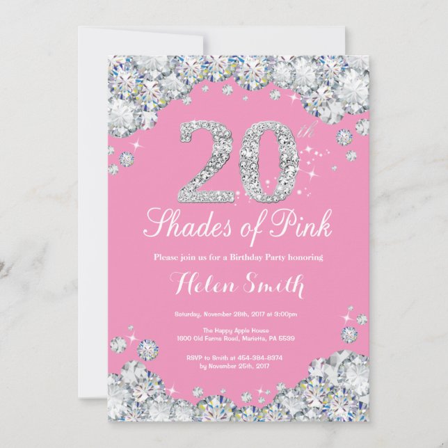 20th Birthday Invitation Pink and Silver Diamond (Front)