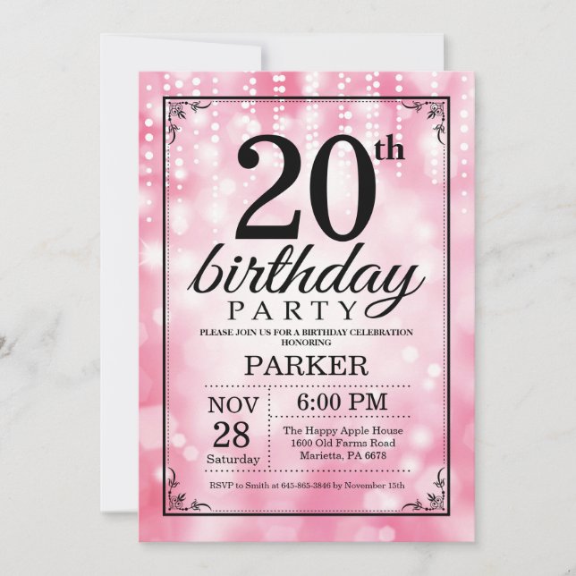 20th Birthday Invitation Pink Glitter (Front)