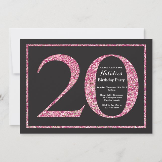 20th Birthday Invitation Pink Glitter Chalkboard (Front)