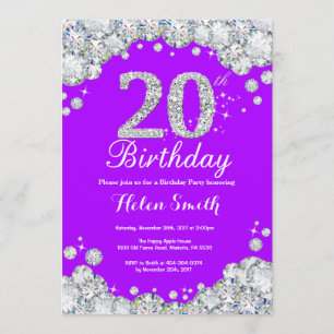 20th Birthday Invitation Purple and Silver Diamond