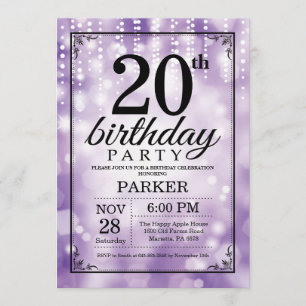 20th Birthday Invitation Purple Glitter