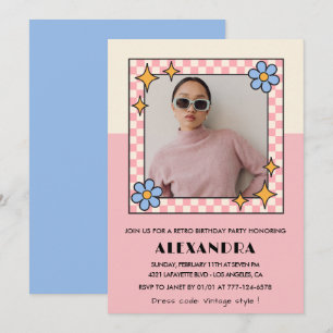 20th birthday invitation Retro Groovy Pink Flowers
