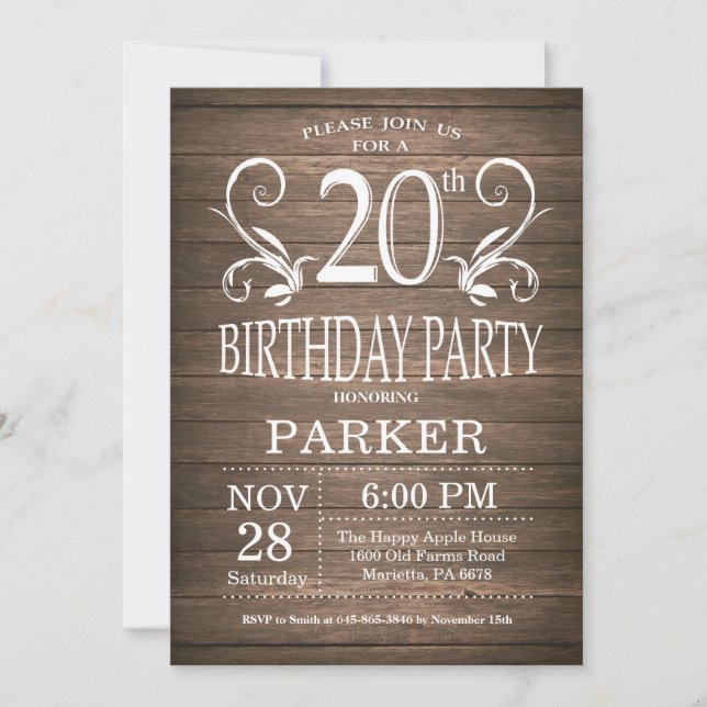 20th Birthday Invitation Rustic Wood Floral (Front)