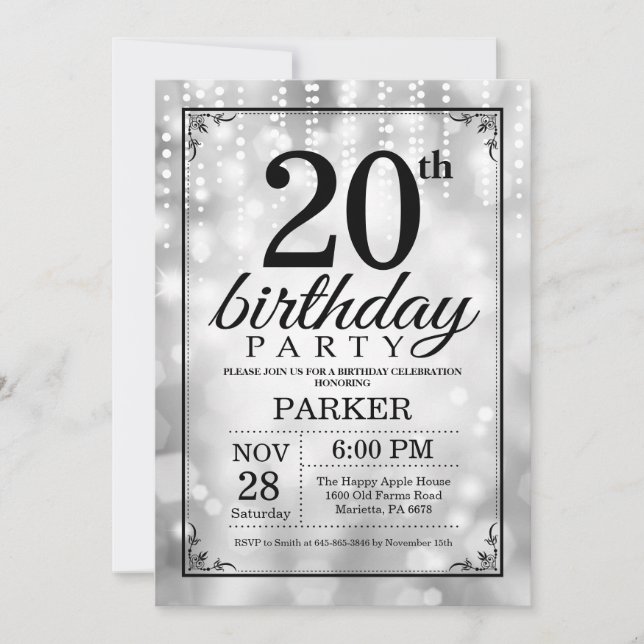 20th Birthday Invitation Silver Glitter (Front)