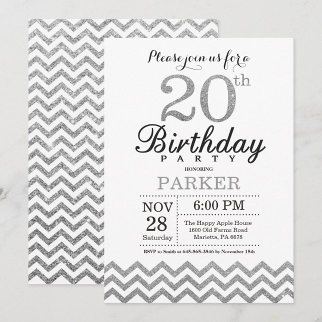 20th Birthday Invitation Silver Glitter (Front/Back)