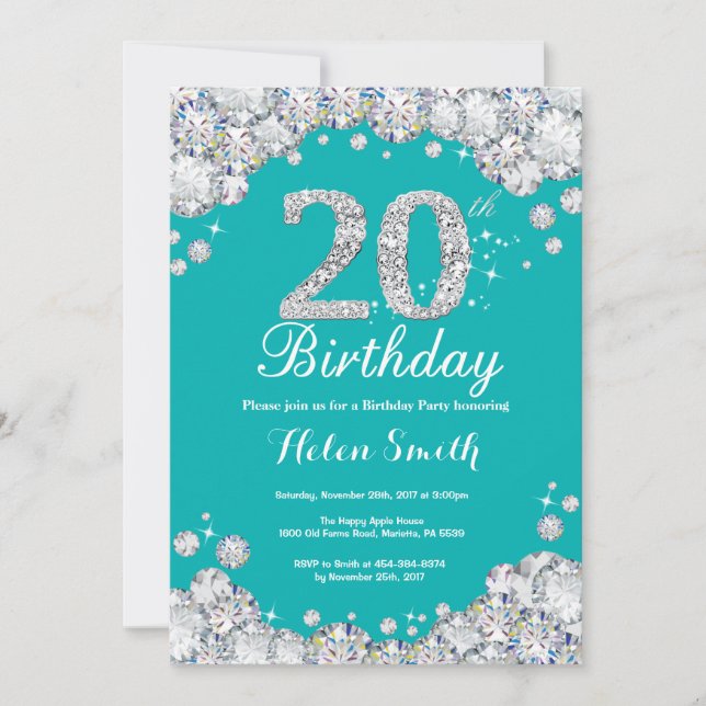 20th Birthday Invitation Teal and Silver Diamond (Front)
