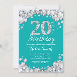 20th Birthday Invitation Teal and Silver Diamond