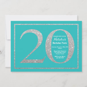 20th Birthday Invitation Teal and Silver Glitter