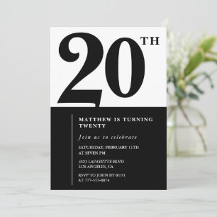 20th birthday invitations Black and White Elegant