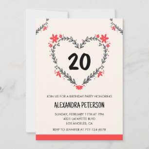 20th birthday invitations for her floral heart