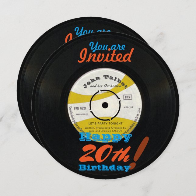 20th Birthday Invite Retro Vinyl Record 45 RPM (Front/Back)