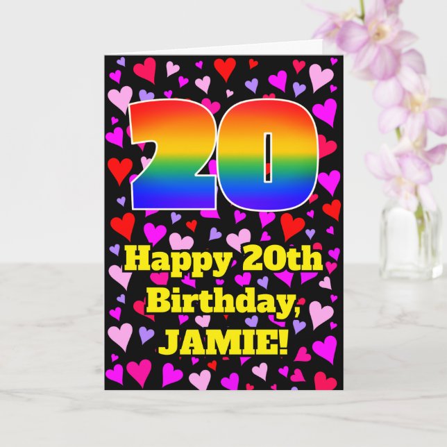 20th Birthday: Loving Hearts Pattern, Rainbow # 20 Card (Orchid)