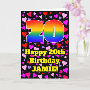 20th Birthday: Loving Hearts Pattern, Rainbow # 20 Card