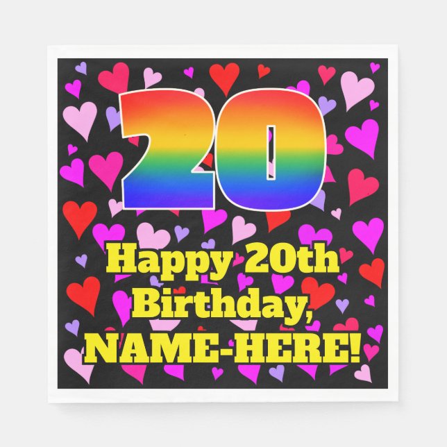 20th Birthday: Loving Hearts Pattern, Rainbow # 20 Napkin (Front)