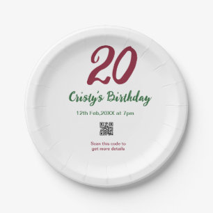 20TH birthday MARON qr code bold retro green Paper Plate