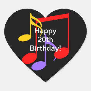 20th Birthday Music Notes Heart Sticker
