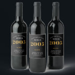 20th Birthday Name 2005 Black Gold Elegant Chic<br><div class="desc">2005 Vintage 20th Birthday Black & Gold Elegant Wine Label. Celebrate your milestone with our exclusive birthday wine label. The meticulously designed label with stunning black and gold hues effortlessly enhances the visual appeal of your favourite wine. The year prominently featured on the label, adds a nostalgic throwback to the...</div>